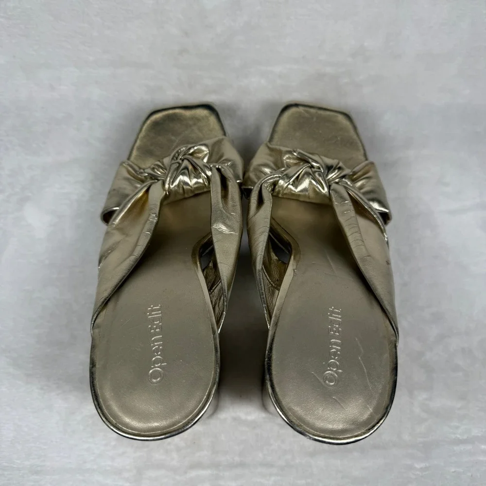 Open Edit Kaia Gold Metallic Knotted Platform Block Heel Sandals‎ Womens 7M